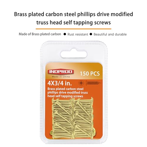 INDOROD #4 x 3/4" Truss Head Phillips Wood Screw (150 Pack), Brass Plated Screws, Self Tapping Wood Screws, Modified Truss Head, Brass Screws for Wood, 4 x 3/4 Inch, Gold - size: #4 x 3/4"