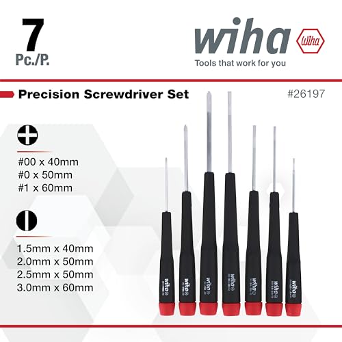 Wiha 26197 Precision Screwdriver Set, 7-Piece Mini Slotted & Phillips, PicoFinish Handles with Rotating Caps, Small Screwdrivers for Electronics & Fine Work