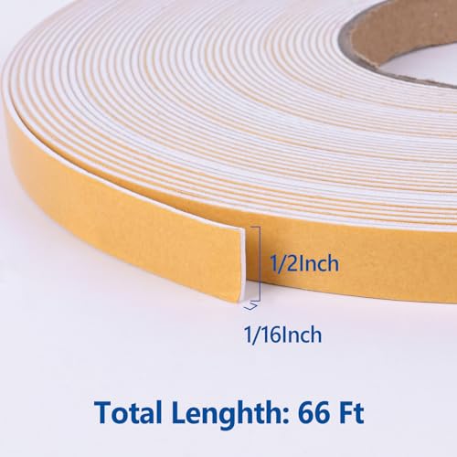 Self-Adhesive High Density Foam Insulation Strips - 1/2in x 1/16in x 66Ft Weatherstrip with Strong Adhesive for Door and Window Soundproofing - size: 1/2in x 1/16in x 66Ft