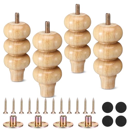 4 Inch Wood Furniture Legs Set of 4 Rubber Wood Couch Legs Round Furniture Replacement Mid Century Bun Feet for Desk Dresser Sofa Cabinet Ottoman Chair and Bed - color: Natural, size: 4 Inch