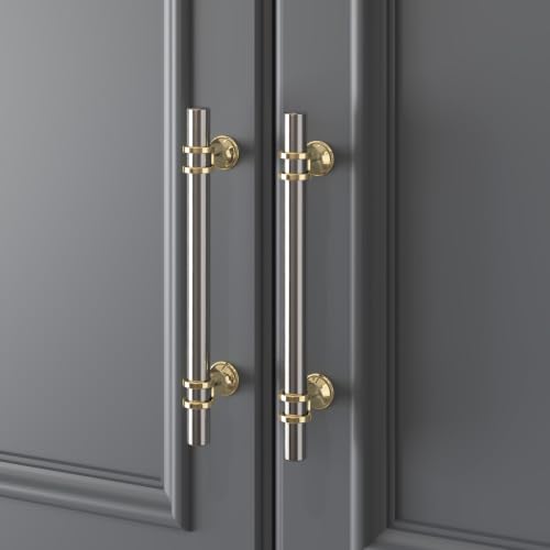 Haliwu 10 Pack 5 Inch Brushed Nickel and Gold Cabinet Handles | 128mm Hole Center, Solid Aluminum and Zinc Alloy, Kitchen Pulls Hardware for Bathroom Drawer Dresser - color: Brushed nickel&Gold, size: 5-inch (128mm) hole spacing