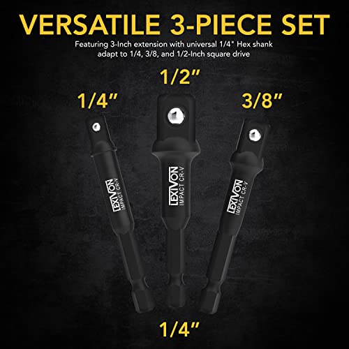 LEXIVON Impact Grade Socket Adapter Set, 3" Extension Bit With Holder | 3-Piece 1/4", 3/8", and 1/2" Drive, Adapt Your Power Drill To High Torque Impact Wrench (LX-101) - style: Impact Socket Adapter