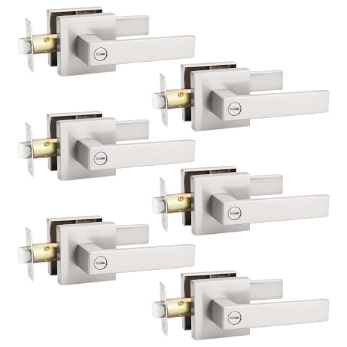 KNOBWELL 6 Pack Brushed Nickel Door Handle, Privacy Lever Doorknob Bedroom Lever Knob with Lock, Heavy Duty Interior Handleset(No Key) - color: Brushed Nickel
