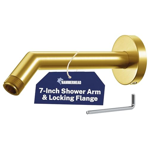 HammerHead® Solid Metal Shower Arm and Flange - 7.5 Inch 304 Stainless Steel Extension Pipe - Universal Shower Head Arm with Flange and Locking Screw, Brushed Gold - color: Brushed Gold