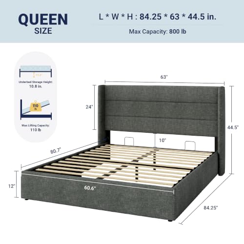 Allewie Queen Size Lift Up Hydraulic Storage Bed Frame Dark Grey - color: Dark Grey, size: Queen, style: Modern