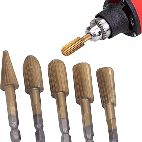 CHENJIN 5PCS Hex Shank Metal Grinding Drill Bits Five Shapes Double Cut High Speed Steel Rotary Files DIY Woodworking Electric Sanding Heads for Resin Plastic Porcelain Soft Metal Stone Carving