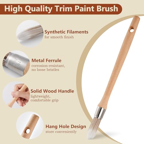 Trim Paint Brush, 0.6", 3 Pcs Round Brushes for Walls, Touch Up | Trim Painting Tool for Detail Areas, Corners and House Wall Edges, Small Cut-in Brushes with Ergonomic Wooden Handles - size: 0.6 Inch Round, 3 Pack
