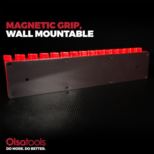 Olsa Tools Magnetic Wrench Organizer, Red - 15 Slot Wrench Holder - SAE and Metric Magnetic Wrench Rack - Rubberized Scratch Free Base - Wall or Toolbox Mountable Wrench Storage - Part: 1877 - color: Red
