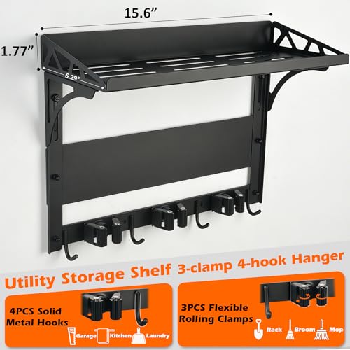 MUTUACTOR Heavy Duty Magnetic Broom Holder,Anti-slip Magnetic Tool Rack with Top Utility Shelf, Easy Assembly Broom Mop Organizer for Refrigerator Metal Cabinet Laundry Room Kitchen,3-Clamps 4-Hooks - style: Heavy Duty Broom Holder with Shelf,1PCS