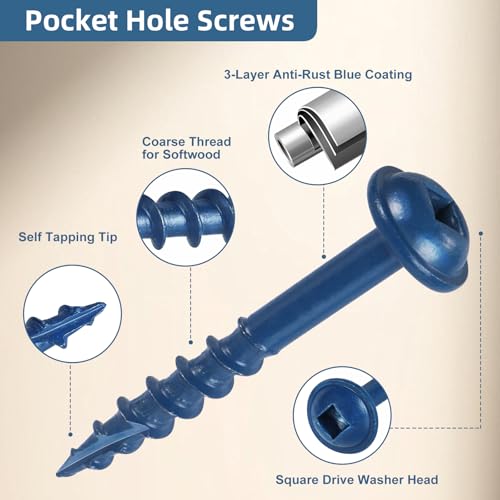 VGBUY Pocket Hole Screws 2 Inch, 90Pcs Pocket Screws #8 x 2, Blue Coated Wood Screws for Exterior, Coarse Thread Square Drive, Self-Tapping Tip - size: #8 x 2 inch