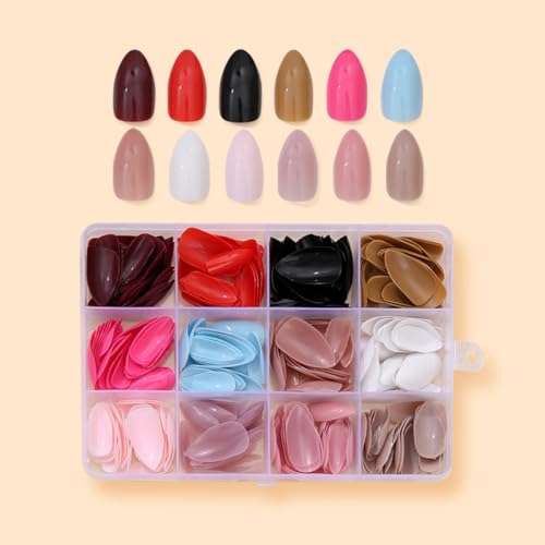 288Pcs Press On Nails Short Almond Fake Nails Solid Color False Nails Press Ons Set Full Cover Acrylic Glue on Nails Reusable Glossy Artificial Nail Kit for Women Girls Nail Art Decoration 12 Color - color: A003