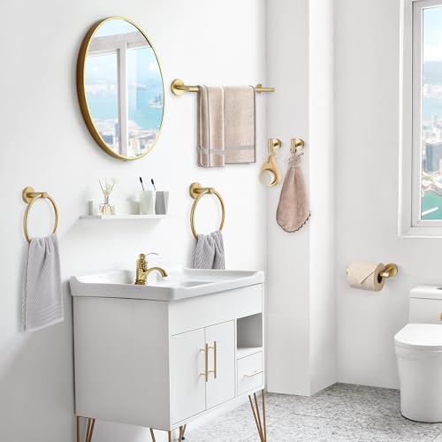 TQKAG Brushed Gold Bathroom Hardware Set 6-Piece Bathroom Accessory Set 23.6 Inch Round Stainless Steel Towel Bar Set Wall Mounted - color: Brushed Gold, size: 6-Pieces Set