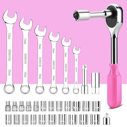 DEKOPRO Tool Set: 228 Piece Home Tool Kit, Household Basic Repair Tool Set Comes with Storage ToolBox, Socket Wrench Set for Car, Hand Tool Box Set for Home - Pink - color: Pink