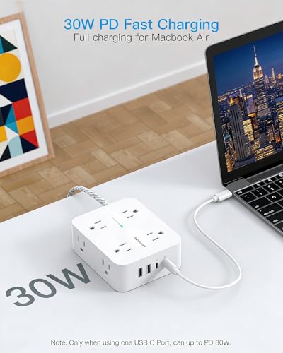 PD30W USB C Power Strip Surge Protector 10Ft, 1080J Desk Charging Station - color: White&Gray, size: 10ft