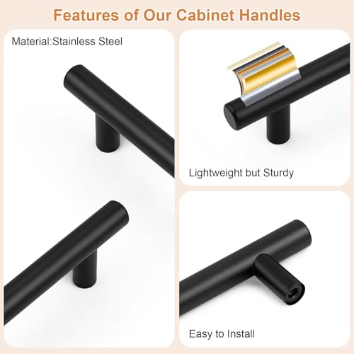 Probrico 30 Pack Holes Centers(64mm) 2.5inch Flat Black Kitchen Cabinet Pulls, Stainless Steel Dresser Drawer Handles, 4inch Length Modern T Bar Pull Handle for Bedroom - size: Center to Center: 2.5 inch