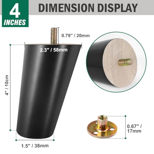 FoDau770 Rubber Wood Legs 4", Slant Taper, 5/16"-18 Thread, Black, 4pcs | Wood Couch legs - Mid Century Sofa Legs - Furniture legs Replacement for Cabinet Dresser Chair Ottoman - color: Black, size: 4 Inch - Slanted (80°)