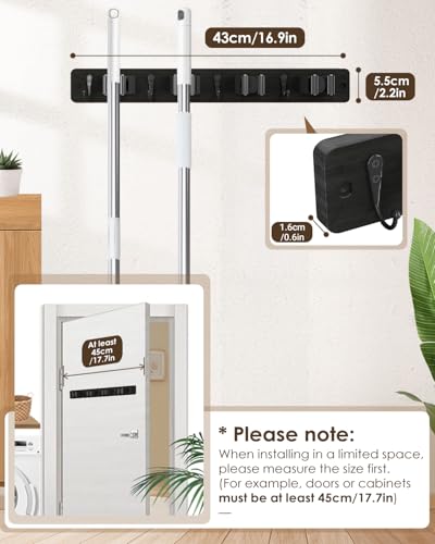 AceMining Black Broom Holder Wall Mount, 4 Holders 4 Hooks Mop Holder - color: Black, size: 1 Pack