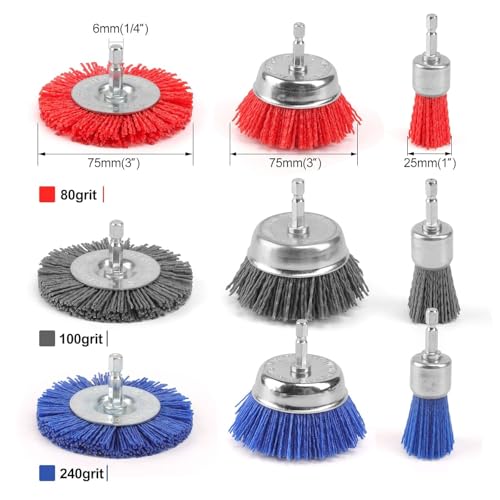 POLIWELL 9 Pack Nylon Filament Abrasive Wire Sanding Brush Wheel | Cup Brush Set Ideal for Grill Cleaning. Made of Drill Bit for Steel Rust Removing + 1/4” Hex Shank Flaking Paint Refinishing