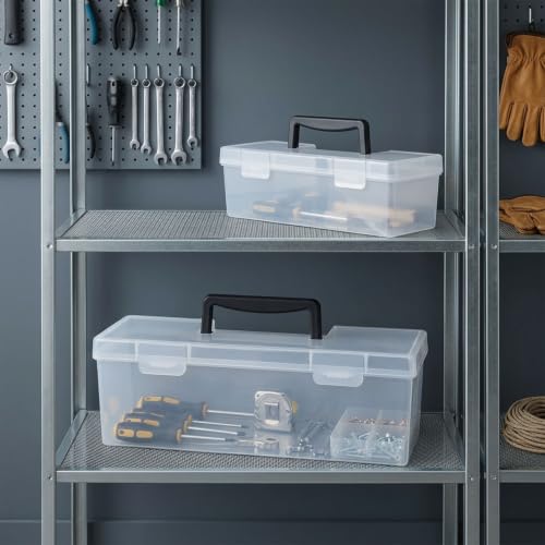 Hardware Organizer Box, 2 Pack Small Parts Tool Case for Garage | Frosted translucent plastic, garage workshop, hardware storage, screws and tools, secure latch, carry handle, 2 sizes