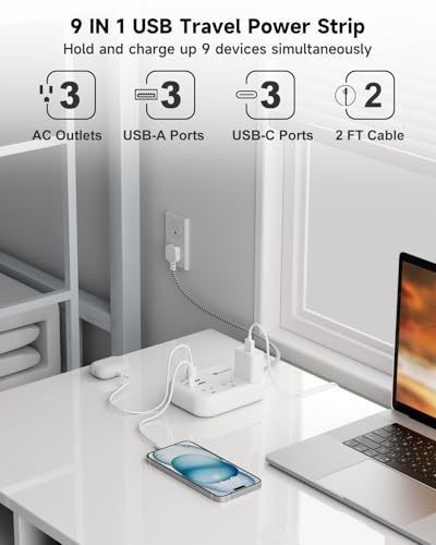 Beeiker Short Extension Cord 2 Foot Travel Power Strip 6 USB 3 Outlets - size: 2 FT-24W-980J-White