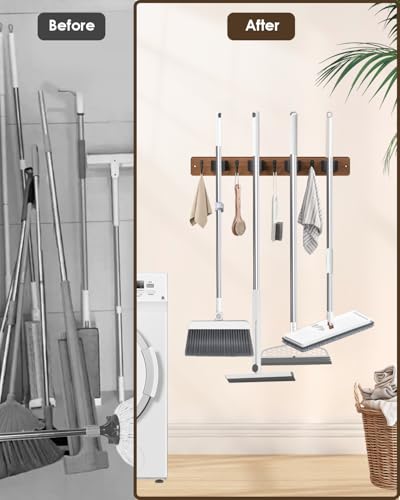 Broom Holder Wall Mount, 4 Holders 4 Hooks Mop and Broom Organizer - color: Brown, size: 1 Pack