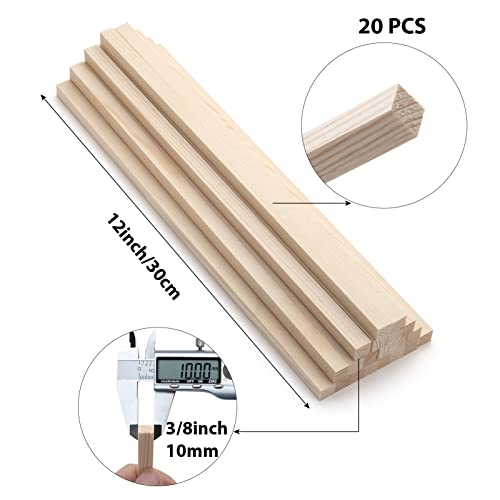 Square Wood Dowel Rods Wooden Craft Sticks, 20PCS 3/8" x 12" Wooden Square Dowel Rods for Crafting, Unfinished Hardwood Sticks Wood Pieces for Arts and DIYers, DIY Projects, Home Decor, Woodworking - size: 3/8"×12"-20PCS