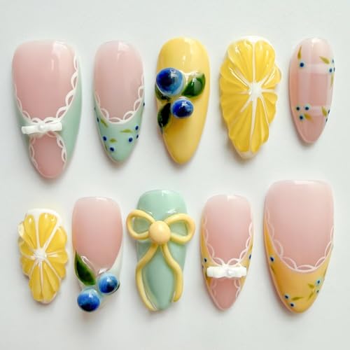 MAGLFELL Press On Nails, 10 Pcs Handmade French Almond Fake Nails, Reusable Artificial Cute Fruit Pattern False Nails for Women 3D Acrylic Nails Kit (Size S) - color: Blueberry, size: S