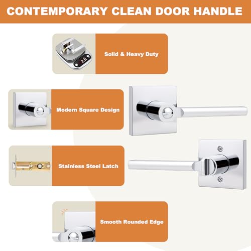 Probrico Interior Door Handles with Lock, Polished Chrome Privacy Levers for Bedroom Bathroom, Heavy Duty Square Reversible Lockset, 10 Pack - color: Polished Chrome