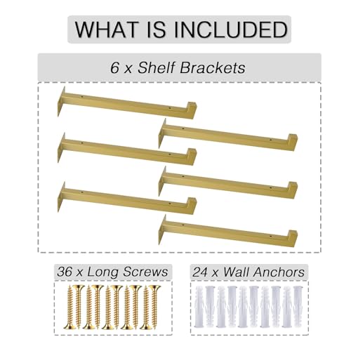 OVOV 6 Pack 10 Inch Gold Shelf Brackets with Lip Wall Shelf Brackets - color: Gold, size: 10 Inch