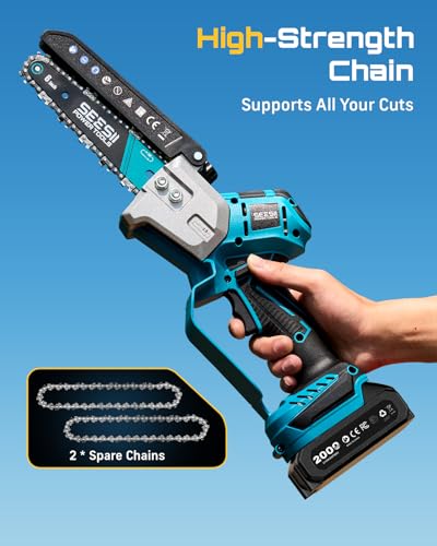 SEESII Mini Chainsaw 6 Inch Brushless, Automatic Oiler - color: Steel Blue