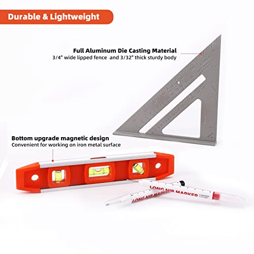 Rafter Square and Torpedo Level Set,Carpentry Squares, Magnetic Leveler Tool with Different Bubbles/45°/90°/180°Measuring Woodworking Square,Aluminum Rafter Square, Carpenters Square(Silver) - color: Silver