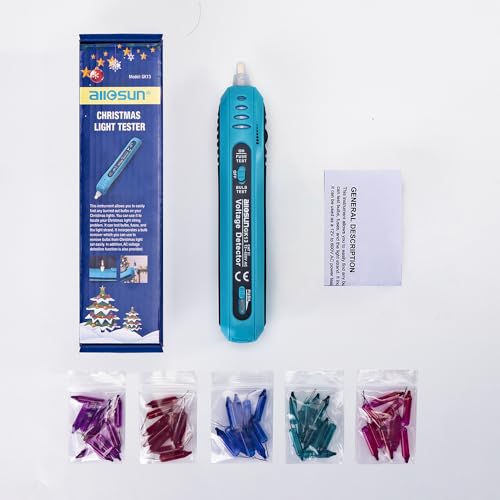 allsun Christmas Light Tester with 50pcs 2.5V Bulbs, Non-Contact Voltage Tester and Repair Tool, 12-600Vac Christmas Tree Light Tester for Holiday String Lights, Bulb and Fuse Checker - style: Light Tester+50pcs Blubs, Christmas Light Repair Tools