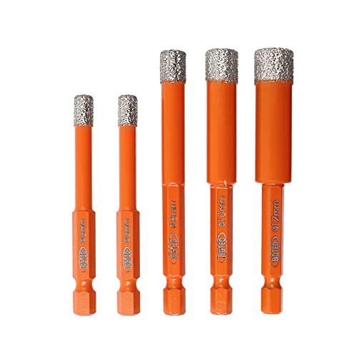 BGTEC Dry Diamond Drill Bits 5pcs 6mm 6mm 8mm 10mm 12mm with Quick Change Hex Shank for Granite Marble Porcelain Tile Ceramic - size: 1/4"+1/4"+5/16"+3/8"+1/2"