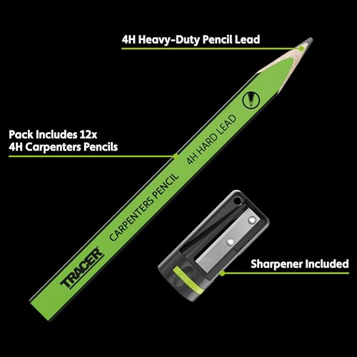 Tracer Carpenter Pencils Hard Lead 4H 12 Pack with Sharpener