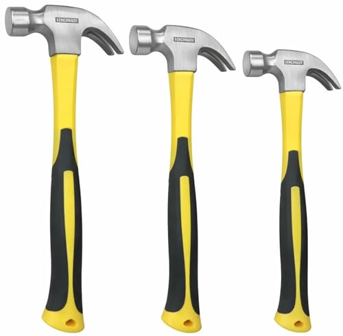3 Piece Claw Hammer Set (20 oz, 16 oz, 8 oz) – Fiberglass Handle, Anti-Slip Grip, Polished Steel Head – Framing, Carpentry & Home Improvement Tools