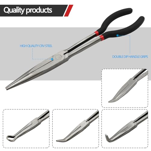 5 Pack 11" Extra Long Nose Pliers Set with Insulated Comfort Grip Handles - size: 5 Pieces - 11" - Straight/25°/45°/90°/Circle