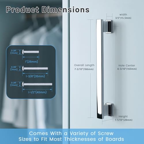 KNOBWELL 6 Pack Polished Chrome Solid Cabinet Pulls 6-3/10 Inch(160mm) Hole Center Kitchen Cabinet Handles,Cabinet Hardware for Cupboard Drawer Pulls - color: Polished Chrome, size: Hole Center：6-3/10 inch（160mm）