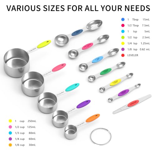TILUCK measuring cups and magnetic measuring spoons set, stainless steel measuring cups, 6 double-sided stainless steel measuring spoons & 1 leveler (12)