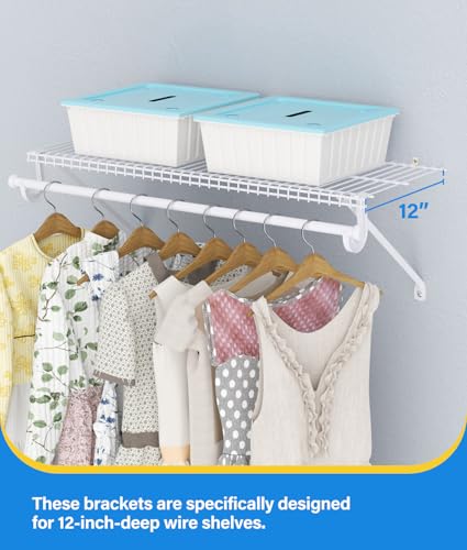 6 Pack 12 Inch Wire Shelf Brackets Set, Closet Maid Support Brackets with Anchors and Screws, Wire Closet Shelving Accessories with 12 PCS Wire Shelf Clips for Wardrobe and Wall Bracket