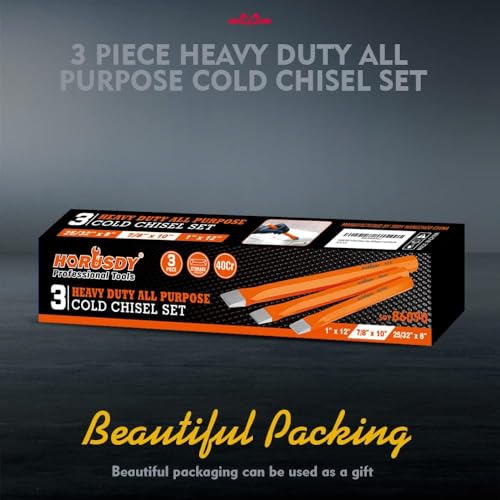 HORUSDY 3-Pieces Heavy Duty Cold Chisels Set, Long 8", 10", 12", with Roll Pouch, 1 in, 7/8 in, 25/32 in - size: 3-Piece (Long)
