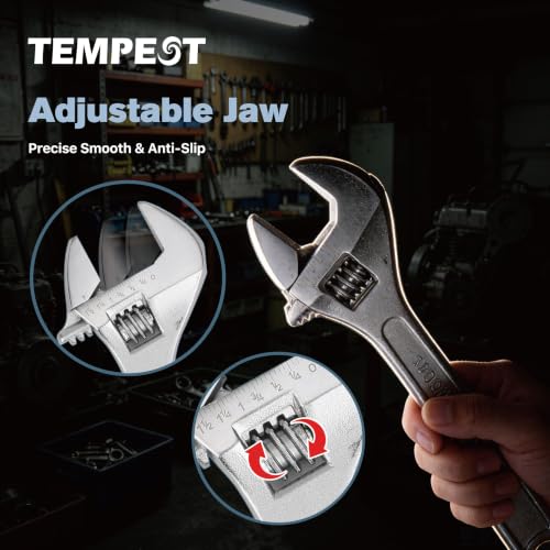 Tempest 12 Inch Adjustable Wrench with Laser Etched SAE and Metric Scales, Carbon Steel Heavy Duty Leverage Shifter Spanner with Smooth Worm Gear for Large Pipe Repairs and Mechanical Tasks - size: 12 Inch