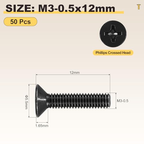 METALLIXITY M3-0.5x12mm Phillips Flat Head Bolts 304 Black 50Pcs - color: Black, size: M3-0.5x12mm