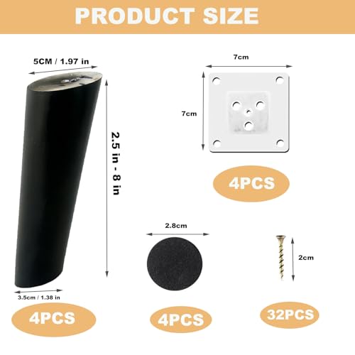 4 Pack Wood Furniture Legs, 6 Inch Round Solid Wooden Furniture Feet, Slanted Angled Sofa Replacement Leg Black with Parts, Leg for Boneless Couch,Mid-Century Modern/IKEA Cabinet,Table Bench Desk Bed - color: Black, size: 6 Inch