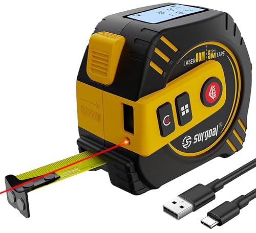 2-in-1 Laser Tape Measure USB-C Recharge 262Ft Laser & 16Ft Tape Red-Beam - color: Red Laser Tape 16ft+262ft