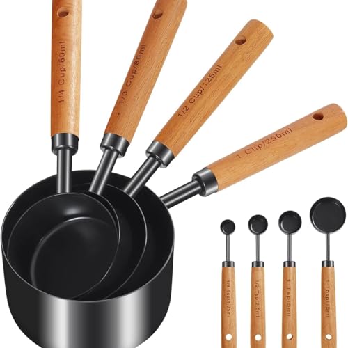 8pc Steel Measuring Set Nonstick Cups Spoons Wood Handle Markings