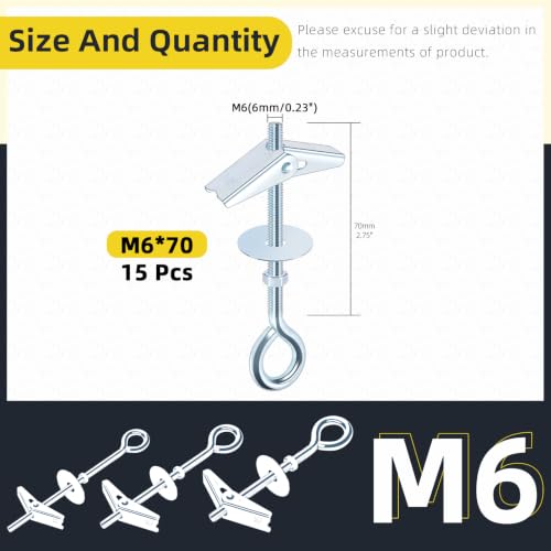 15Pcs M6 x 70mm Eye Bolt Toggle Bolt Assortment Kit, Spring Toggle Bolts Butterfly Anchors Butterfly Toggle Anchors, Heavy Duty Drywall Anchors with Wing Nut for Hanging Lamps Heavy Items