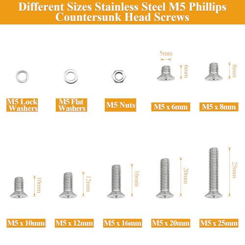 245 Pieces M5 Machine Screws Nuts Washers Set, Sutemribor M5 x 6/8/10/12/16/20/25mm Phillips Countersunk Head Machine Screws Nuts Washers Assortment Kit, 304 Stainless Steel, Fully Threaded - size: M5, style: Phillips Countersunk Head