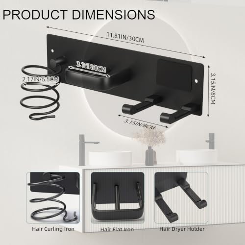 3-in-1 Aluminum Hair Dryer Holder, Matte Black Styling Tools Rack | No Drill Heat Resistant Wall Hair Tool Stand for Blow Dryer, Flat Iron & Curling Iron, Bathroom Rental Homes, No Wall Damage - size: A