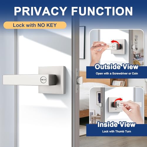 KNOBWELL 6 Pack Brushed Nickel Door Handle, Privacy Lever Doorknob Bedroom Lever Knob with Lock, Heavy Duty Interior Handleset(No Key) - color: Brushed Nickel