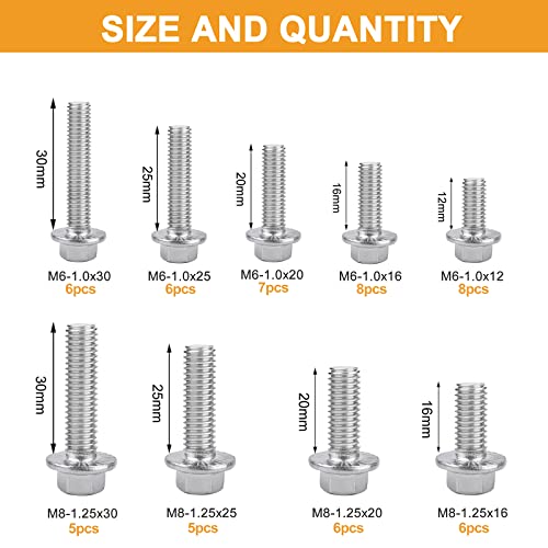 VIGURE 228PCS M6 M8 Metric Bolt Assortment Kit, M6 x 12/16/20/25/30mm Stainless Steel Flanged Hex Bolts and M8 x 16/20/25/30mm Flange Metric Bolts and Nuts Kit - size: 228PCS M6 M8 Metric Bolts